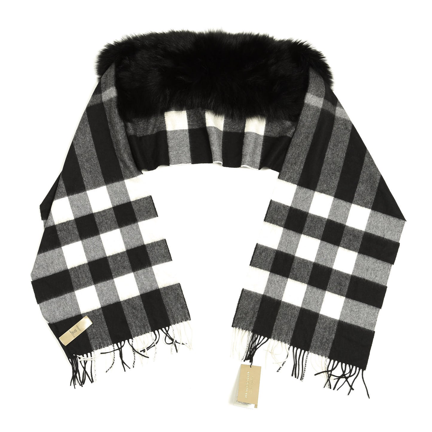 Fox Cashmere Half Mega Check Fringe Scarf Black