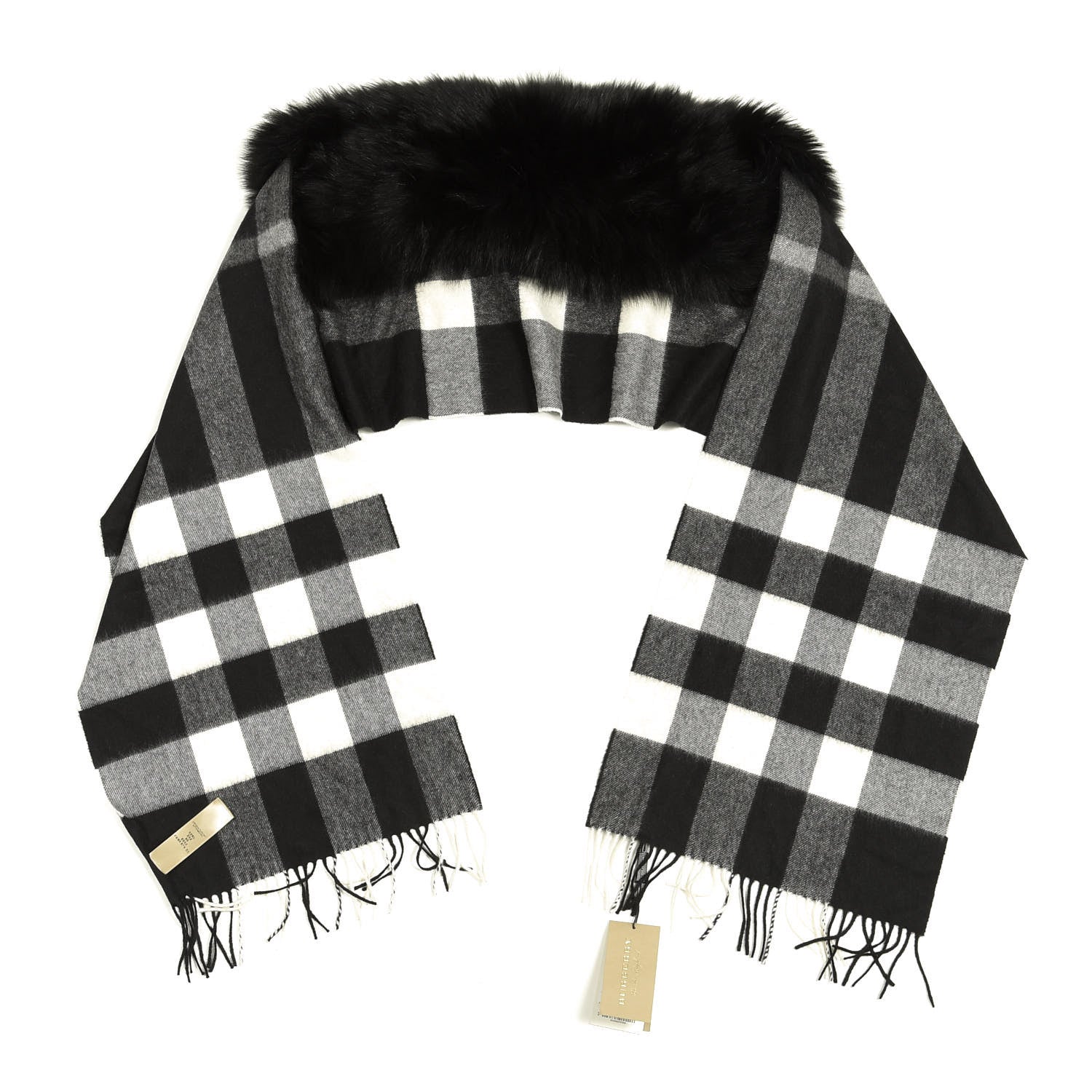 Burberry Fox Cashmere Half Mega Check Fringe Scarf Black 1 of 3