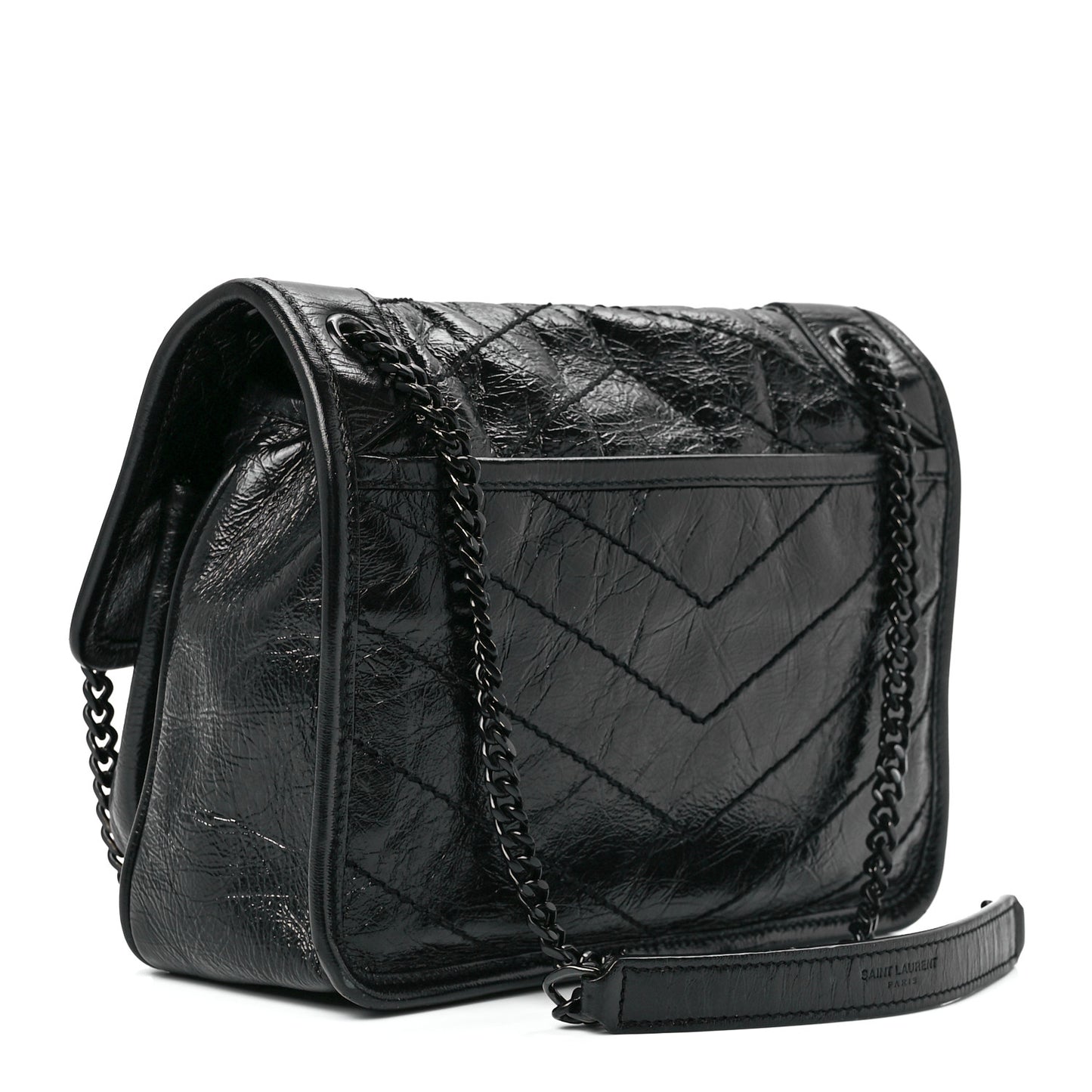 Crinkled Calfskin Matelasse Monogram Baby Niki Chain Satchel Black
