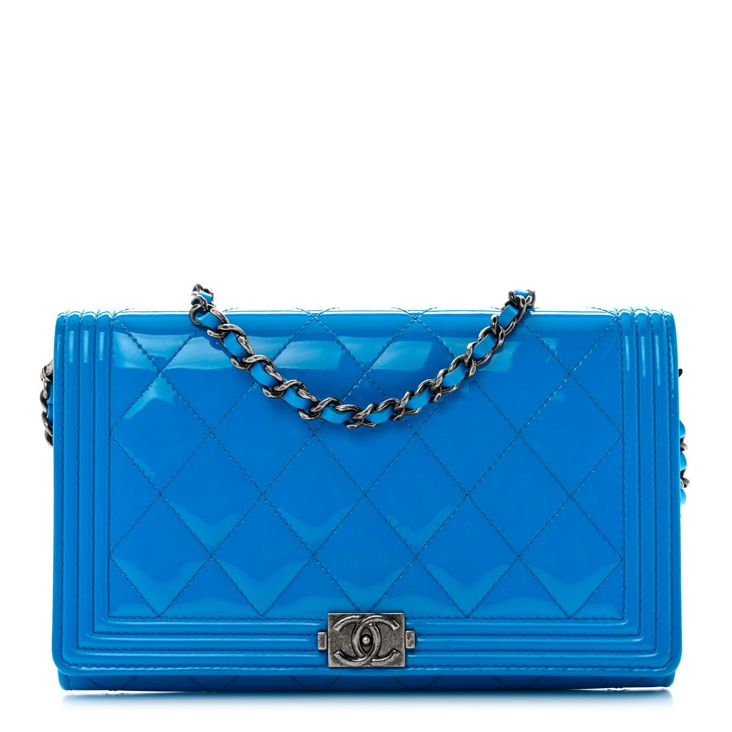 Chanel Patent Calfskin Quilted Boy Wallet On Chain WOC Blue 1 of 10