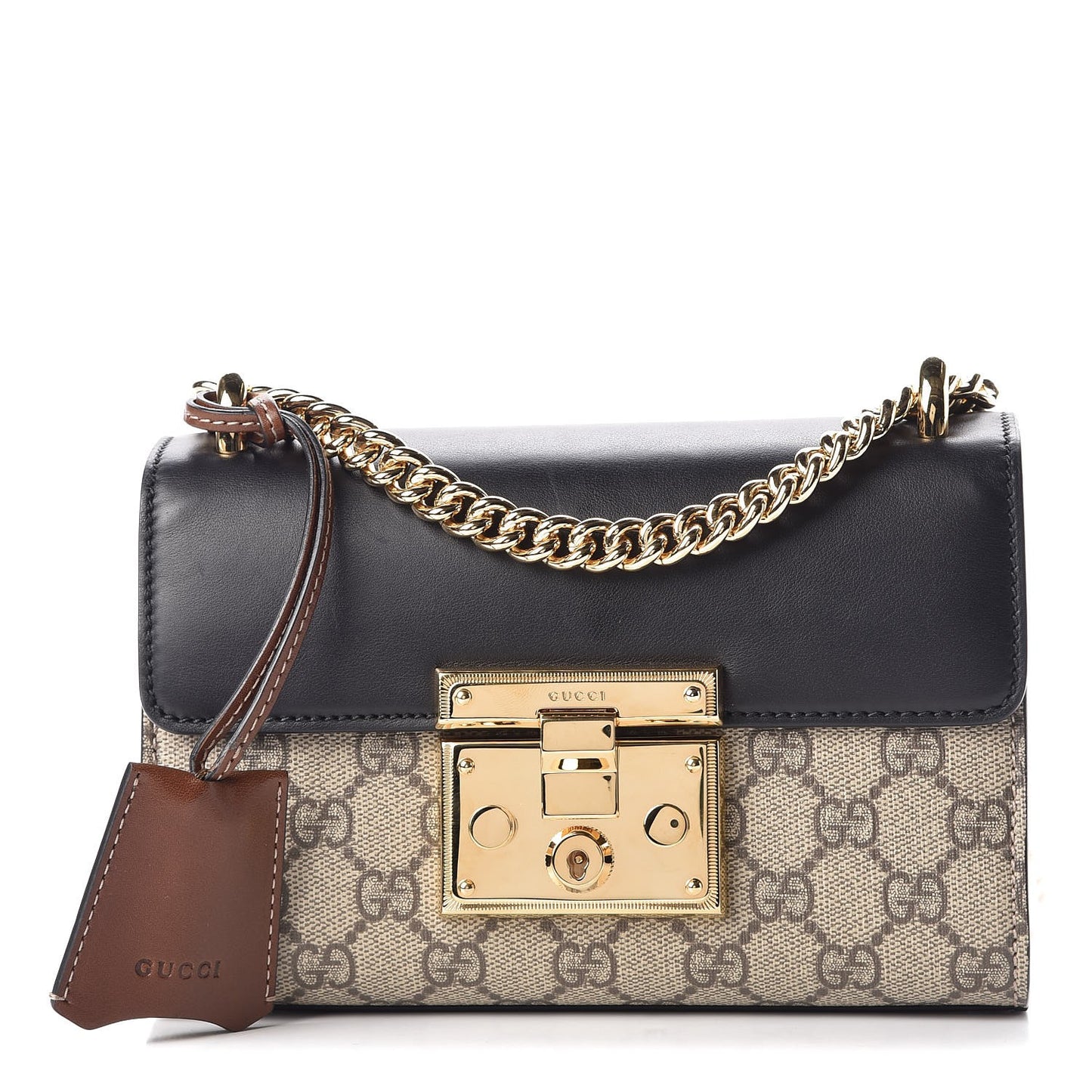 GG Supreme Monogram Calfskin Small Padlock Shoulder Bag Beige Black Cuir