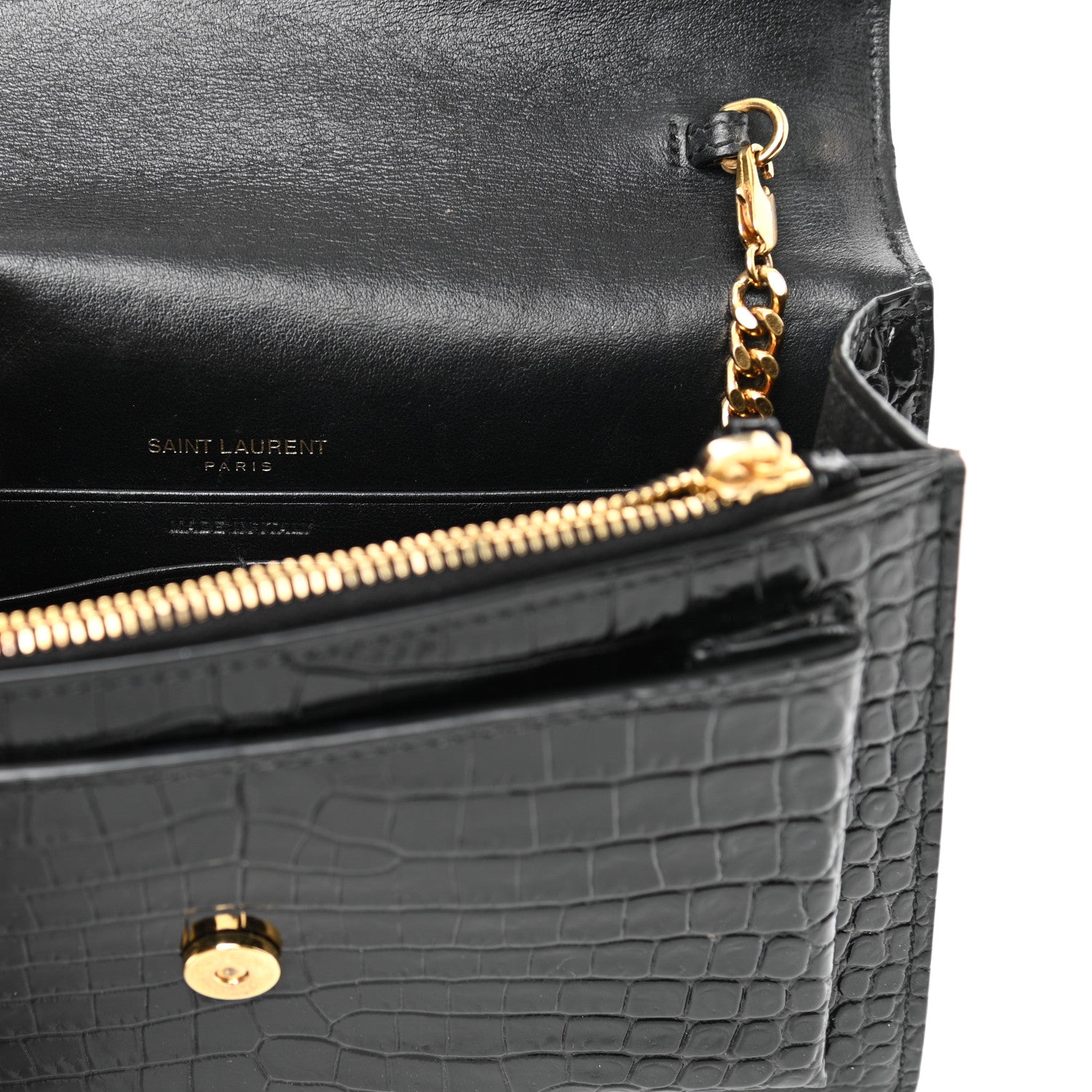 Saint Laurent Calfskin Crocodile Embossed Monogram Sunset Top Handle Chain Wallet Black 6 of 9
