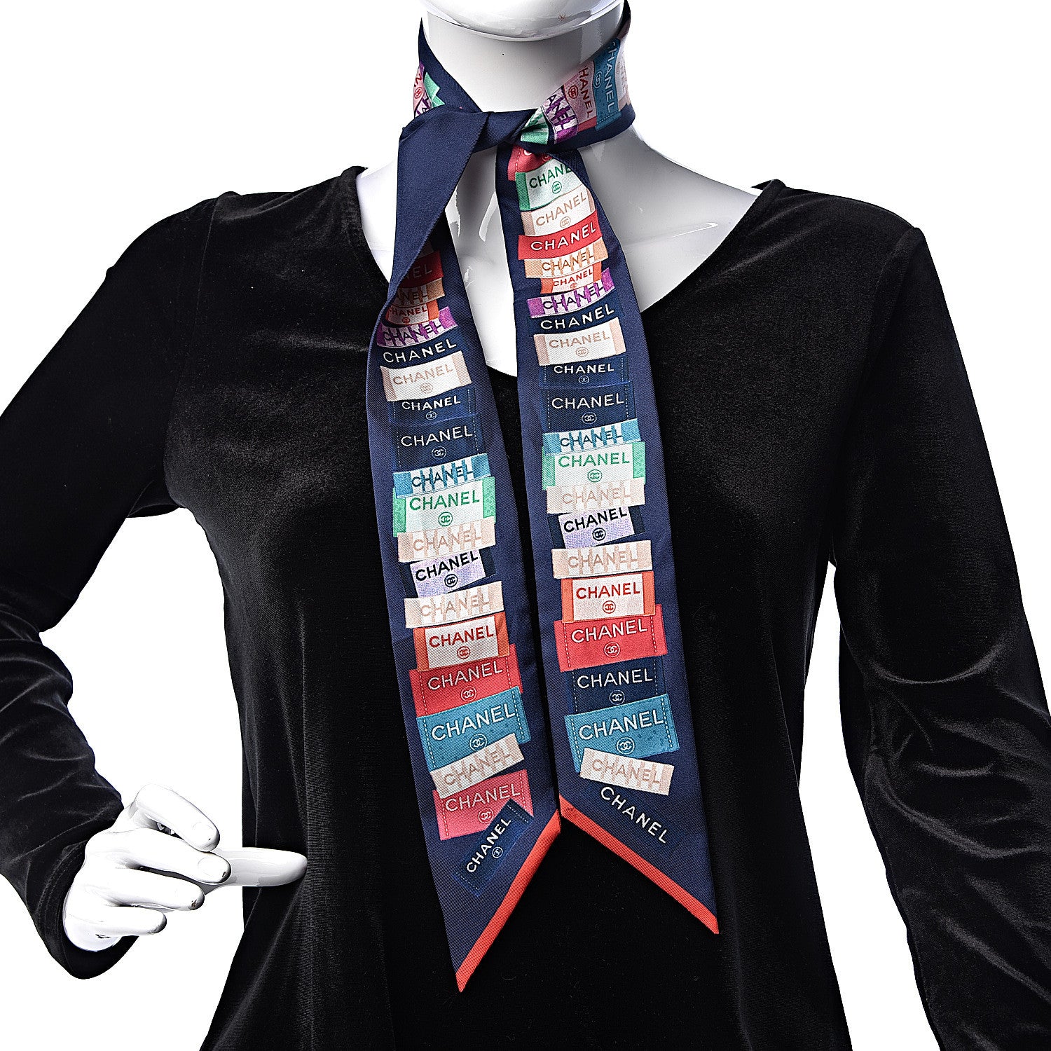 Chanel Silk Twill Slim Bandeau Scarf Navy Blue Red 2 of 4