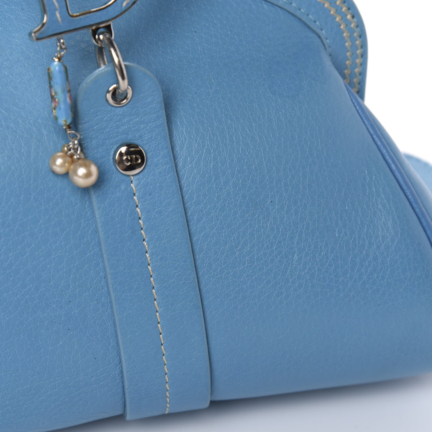Christian Dior Calfskin Butterfly Pearls Frame Satchel Blue 10 of 13