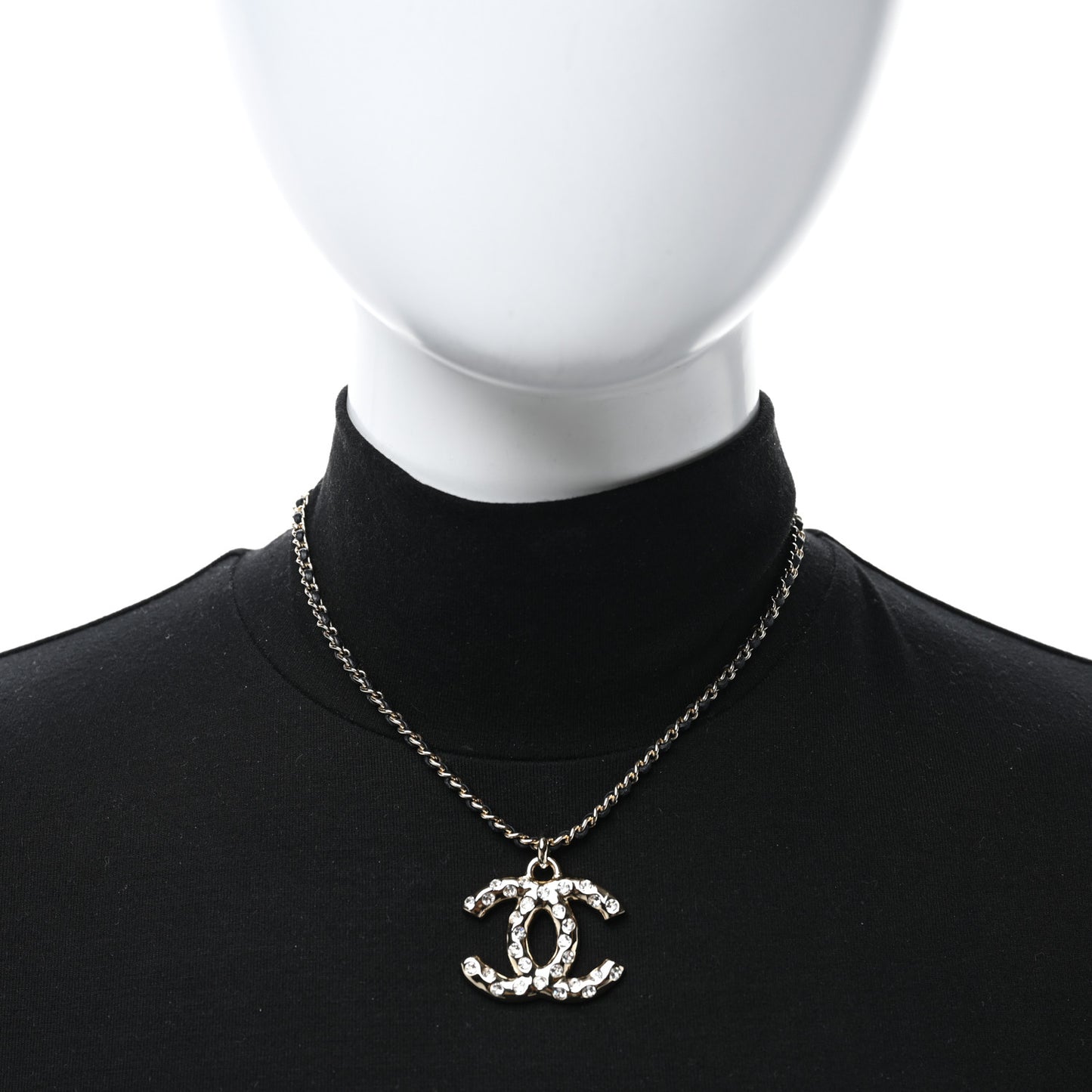 Lambskin Crystal CC Chain Pendant Necklace Black Gold