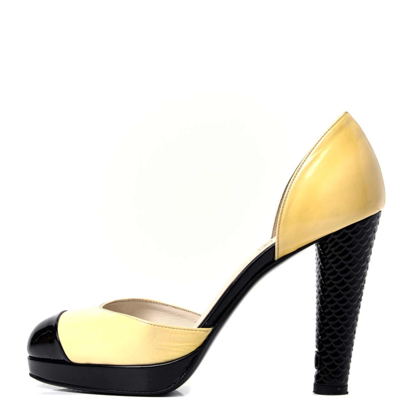 Patent Snakeskin Embossed Cap Toe d'Orsay Pumps 37 Black Yellow