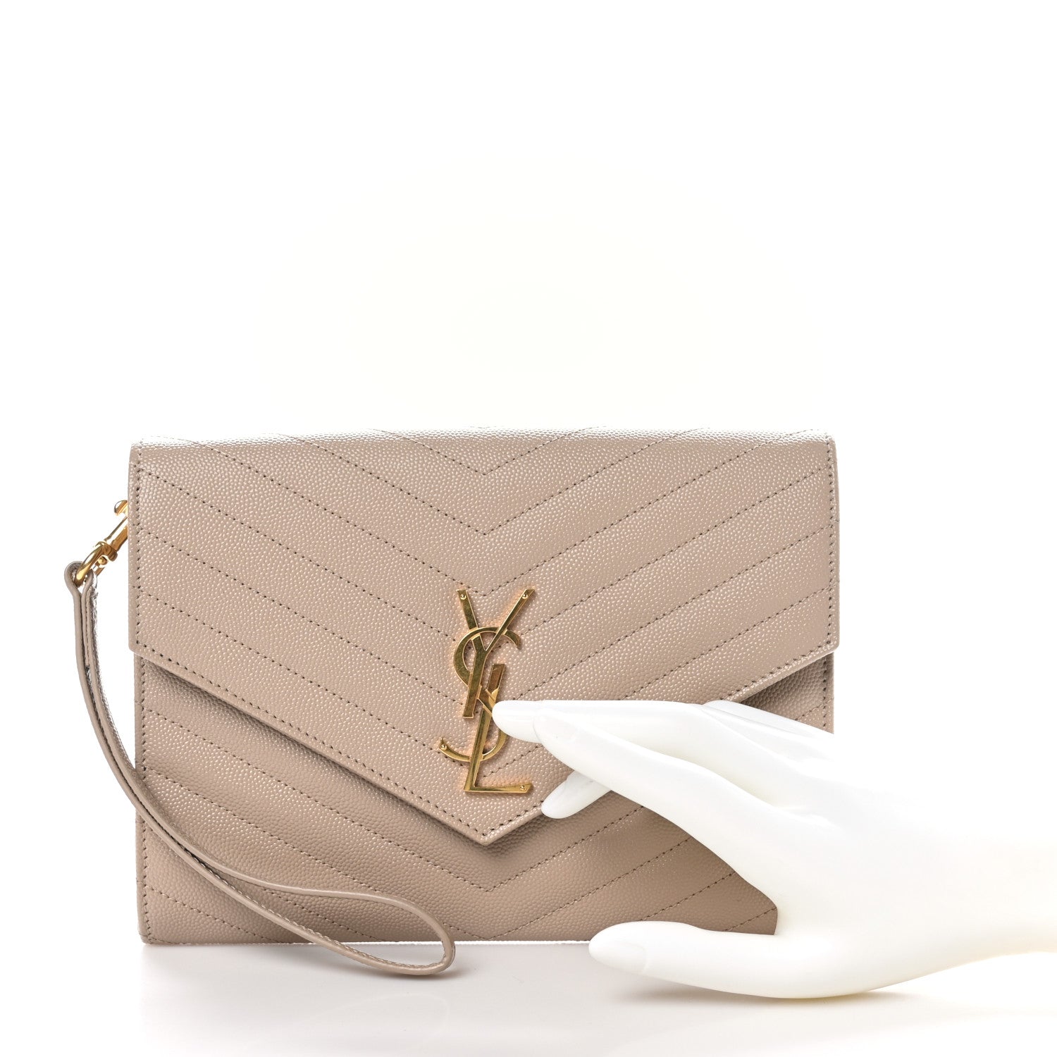 Saint Laurent Grain De Poudre Matelasse Chevron Monogram Envelope Clutch Dark Beige 2 of 8