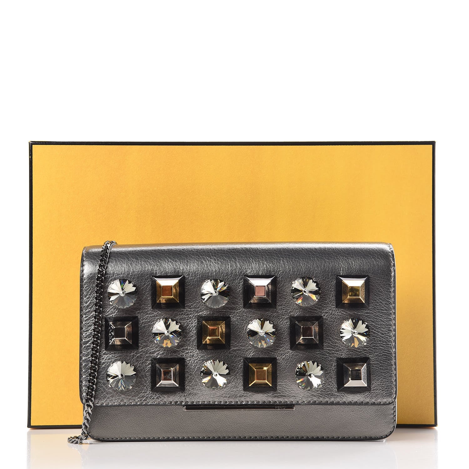 Fendi Glossy Calfskin Crystal Studded Tube Wallet On Chain Graphite 9 of 9