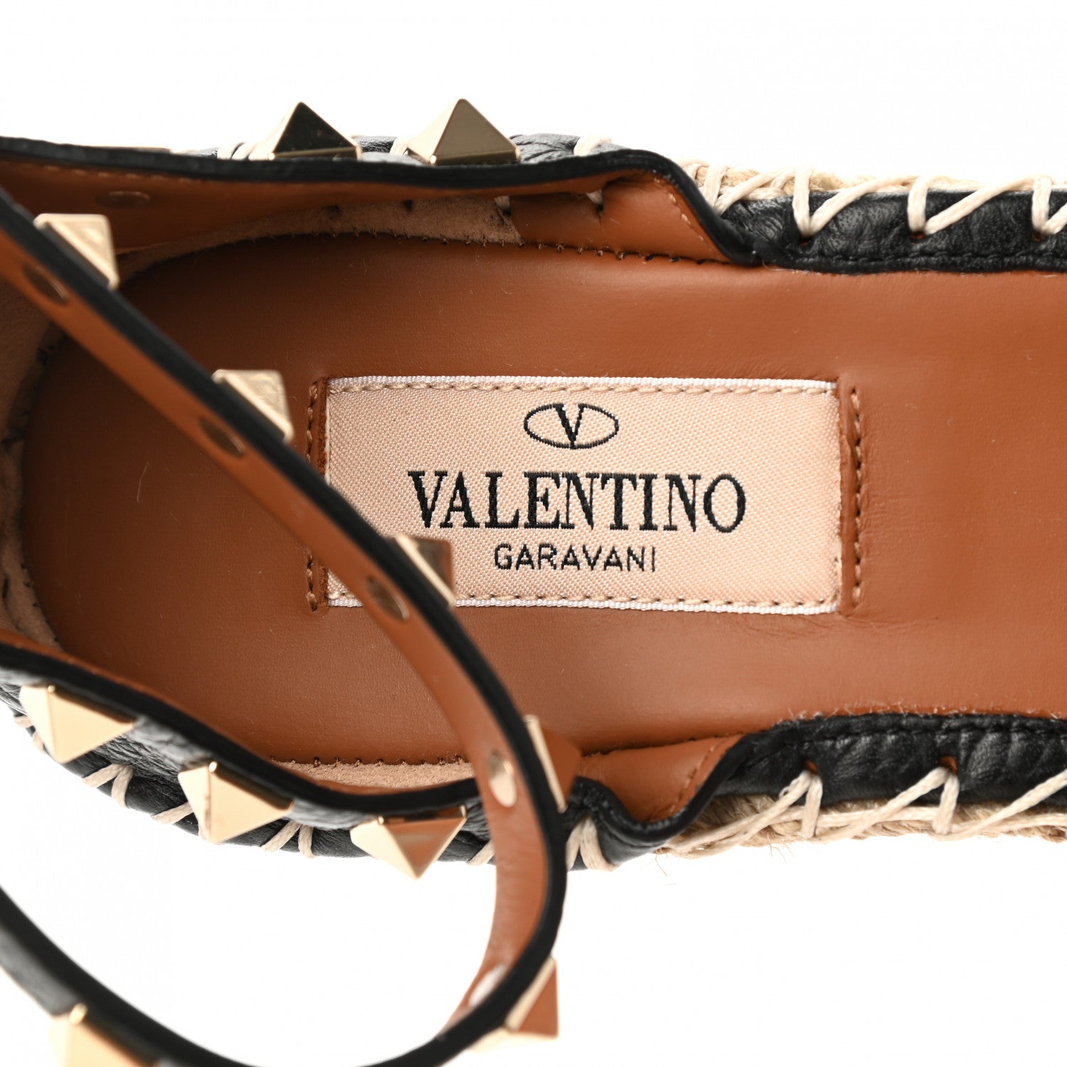 Valentino Garavani Grained Calfskin Rockstud Ankle Strap Espadrille 15/105mm Wedge Sandals 35 Black Light Cuir Natural 7 of 9