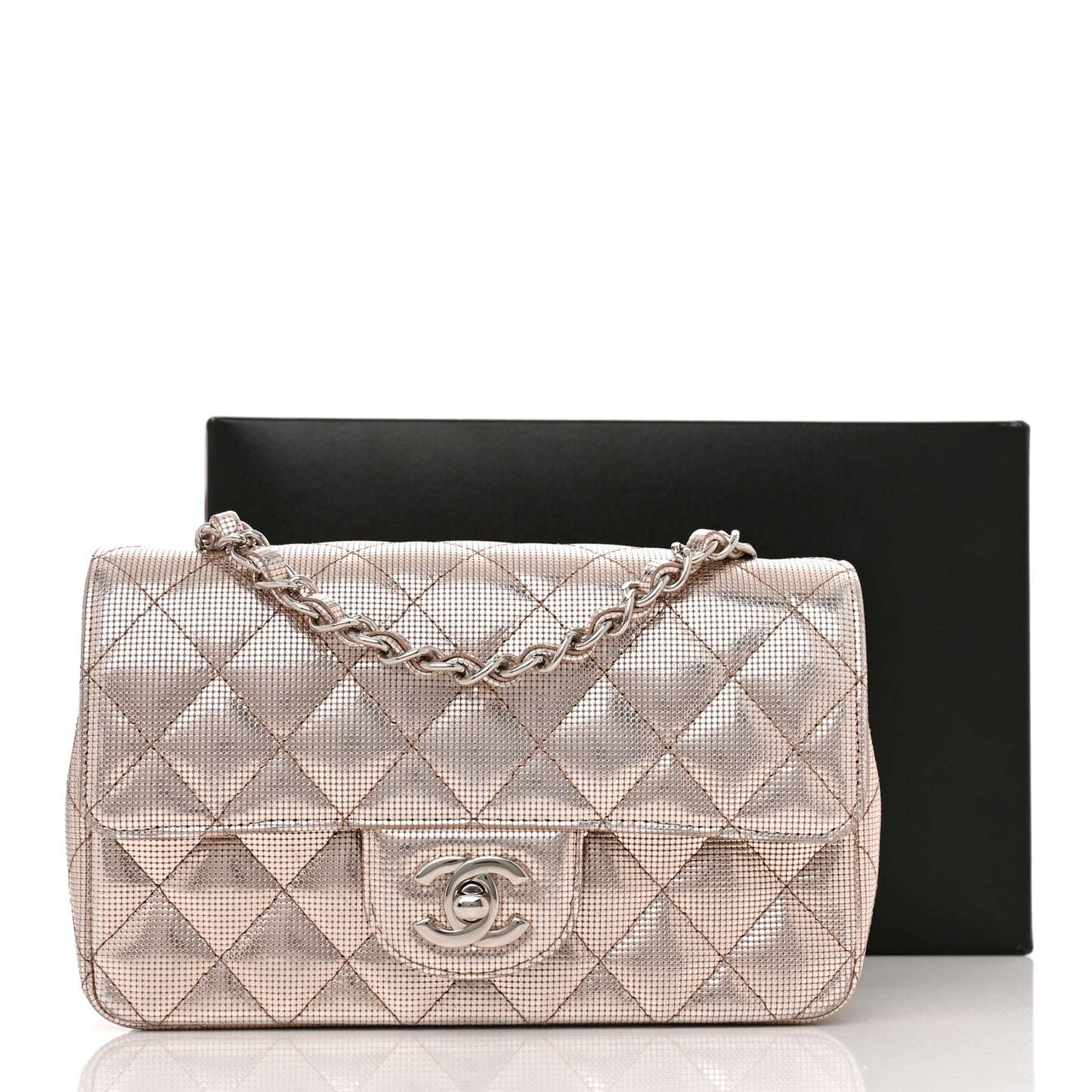 Metallic Calfskin Quilted Pixel Effect Mini Rectangular Flap Pink Gold