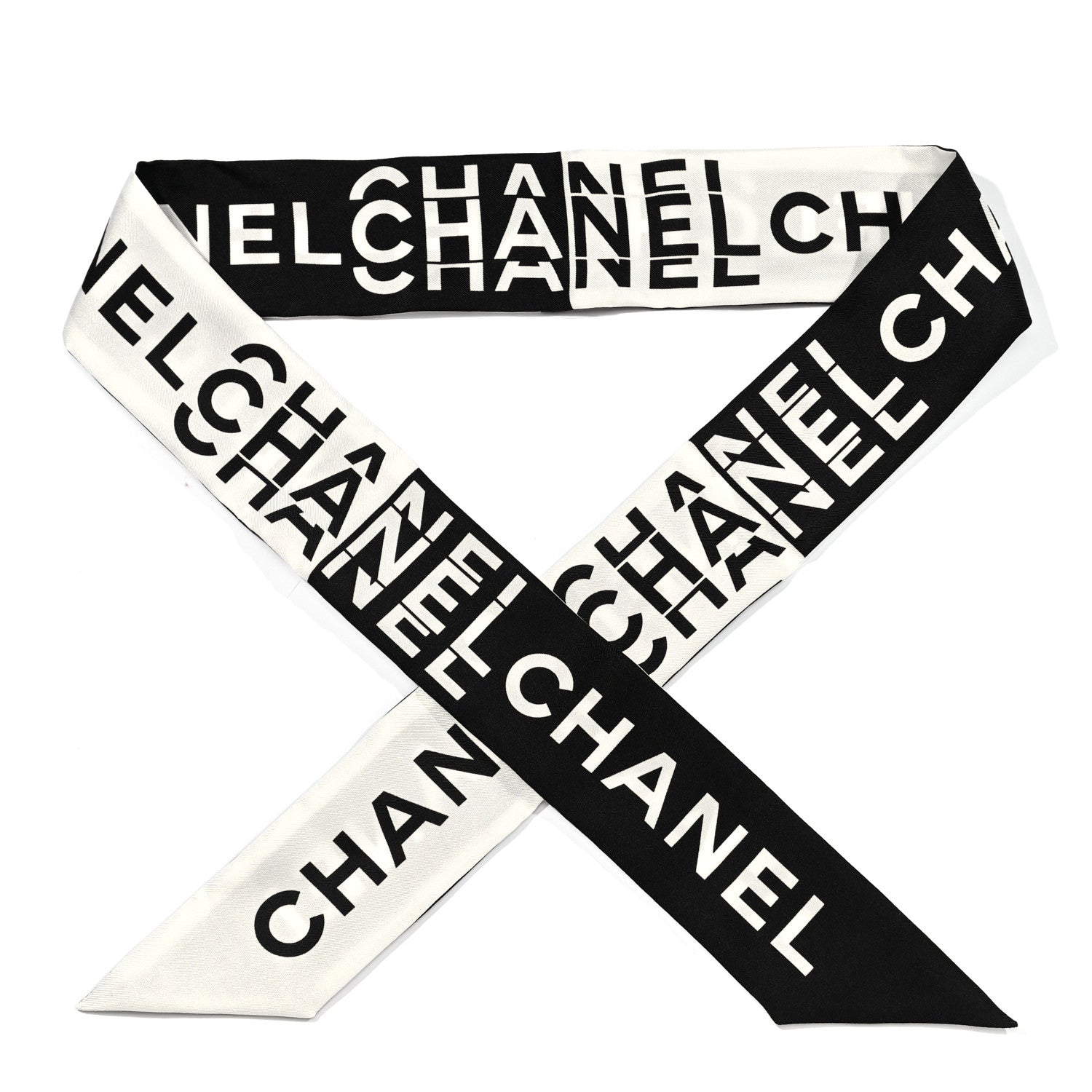 Chanel Silk Logo Slim Bandeau Scarf Black White 1 of 3