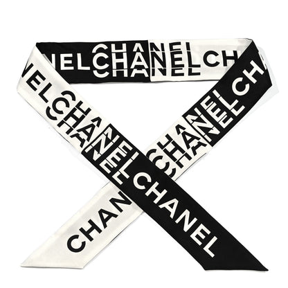 Chanel Silk Logo Slim Bandeau Scarf Black White 1 of 3