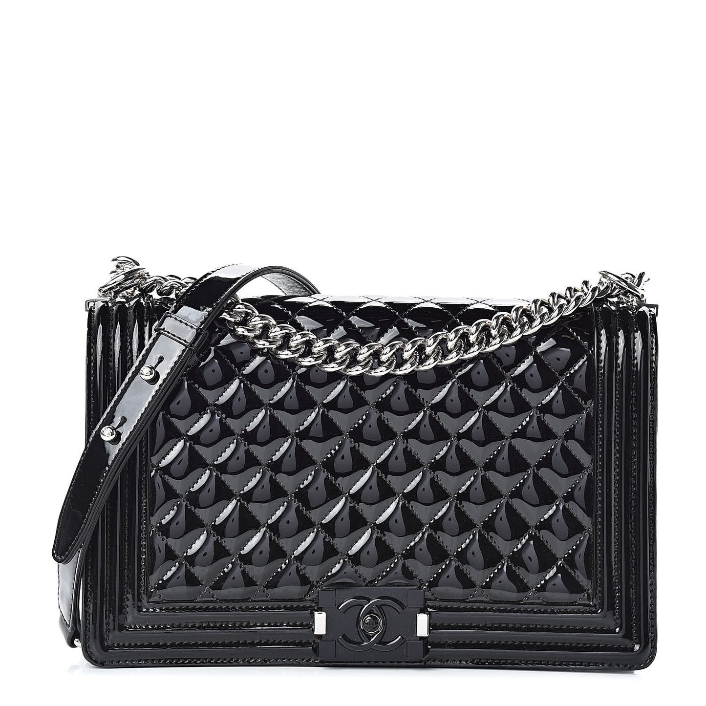 Patent Calfskin Quilted New Medium Plexiglass Boy Flap Black