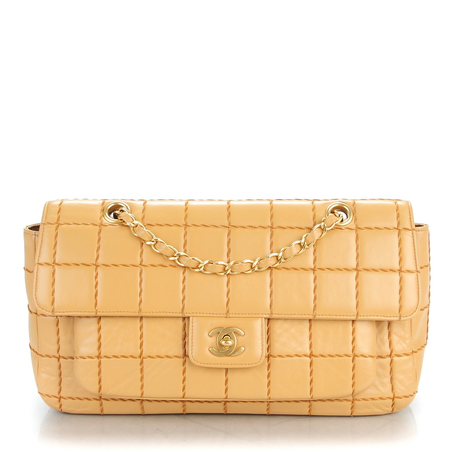 Lambskin Square Double Stitch Flap Beige