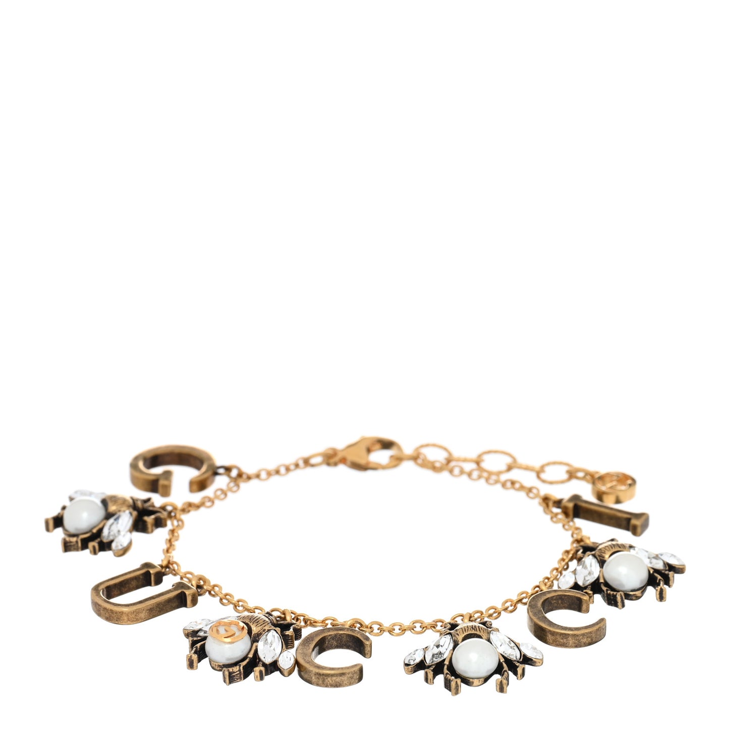 Crystal Pearl Bee Logo Charm Bracelet Aged Gold