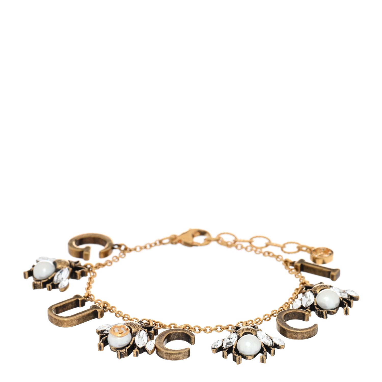 Gucci Crystal Pearl Bee Logo Charm Bracelet Aged Gold 1 of 3