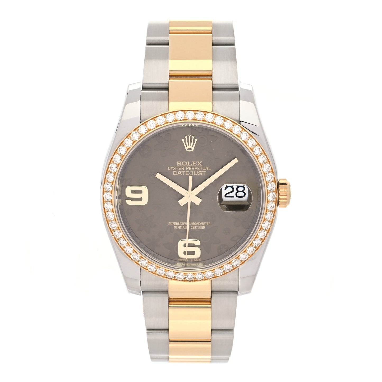 Stainless Steel 18K Yellow Gold Diamond 36mm Oyster Perpetual Datejust Watch Brown Flowers 116243