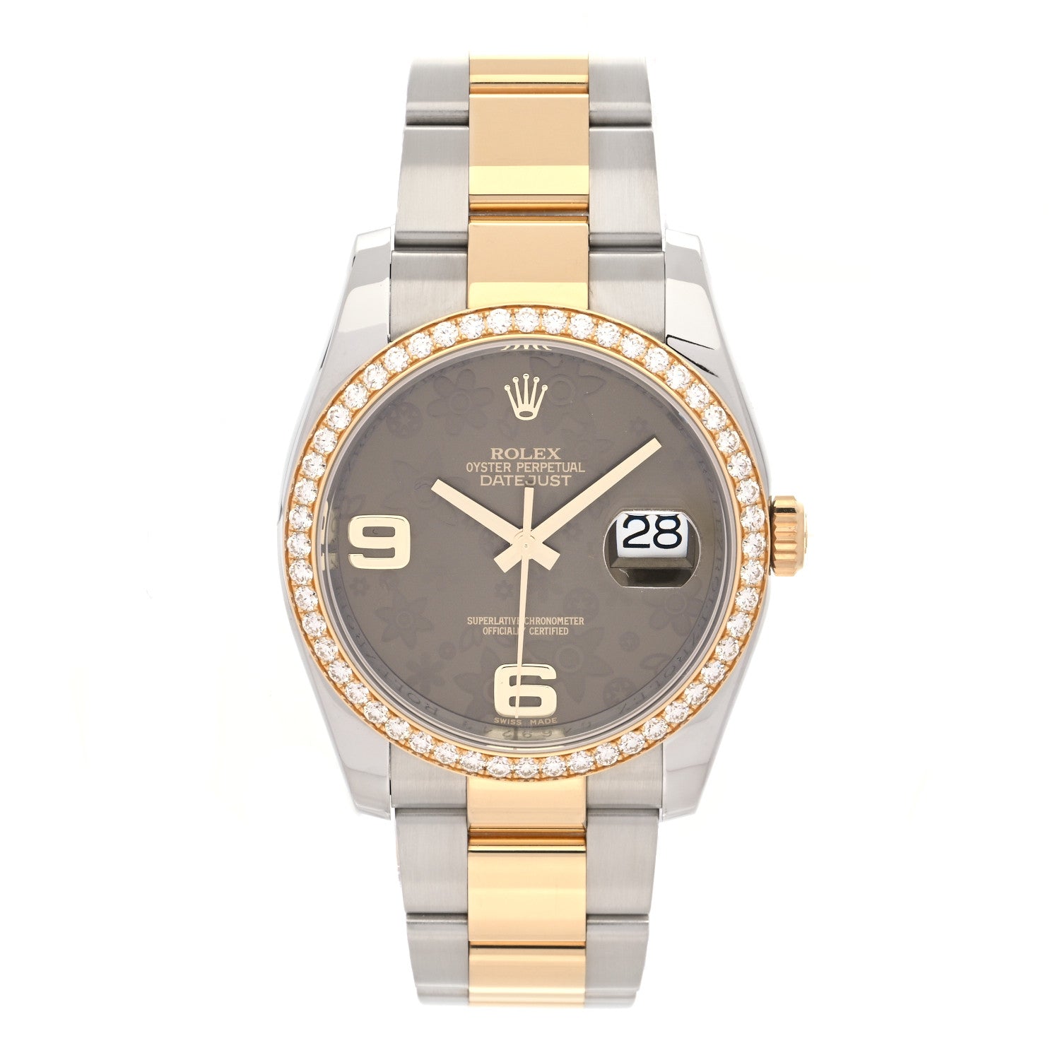 Rolex Stainless Steel 18K Yellow Gold Diamond 36mm Oyster Perpetual Datejust Watch Brown Flowers 116243 1 of 5