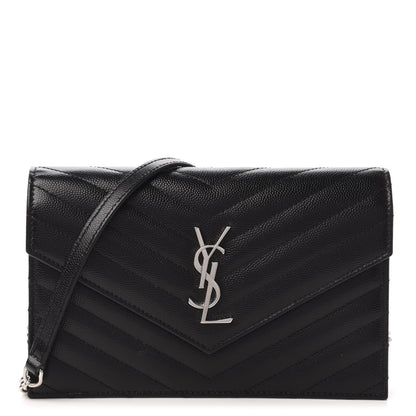 Saint Laurent Grain De Poudre Matelasse Chevron Monogram Envelope Chain Wallet Black 1 of 10