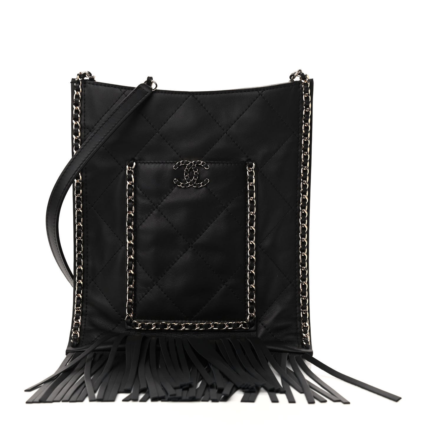 Calfskin Quilted Fringe Small Shopping Bag Black