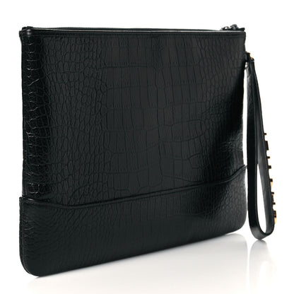 Chanel Calfskin Crocodile Embossed Quilted Medium Gabrielle Cosmetic Case Black 3 of 11
