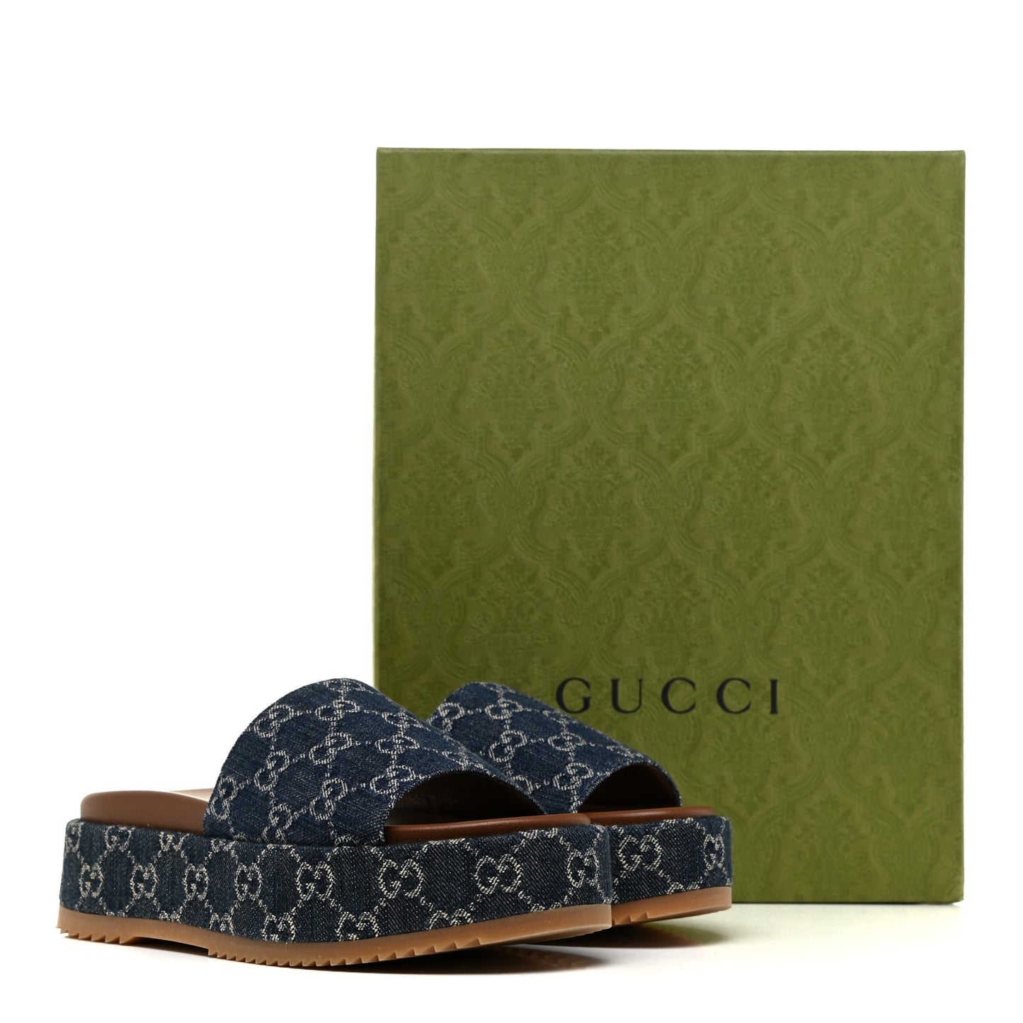 New Denim GG Monogram Angelina Platform 55mm Slide Sandals 38.5 Blue Tea