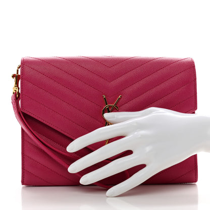 Saint Laurent Grain De Poudre Matelasse Chevron Monogram Envelope Clutch Fuchsia 2 of 9