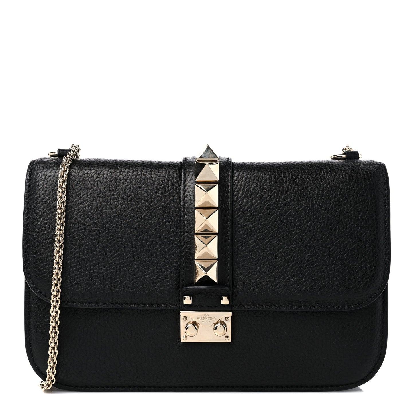 Pebbled Calfskin Medium Glam Lock Rockstud Flap Black