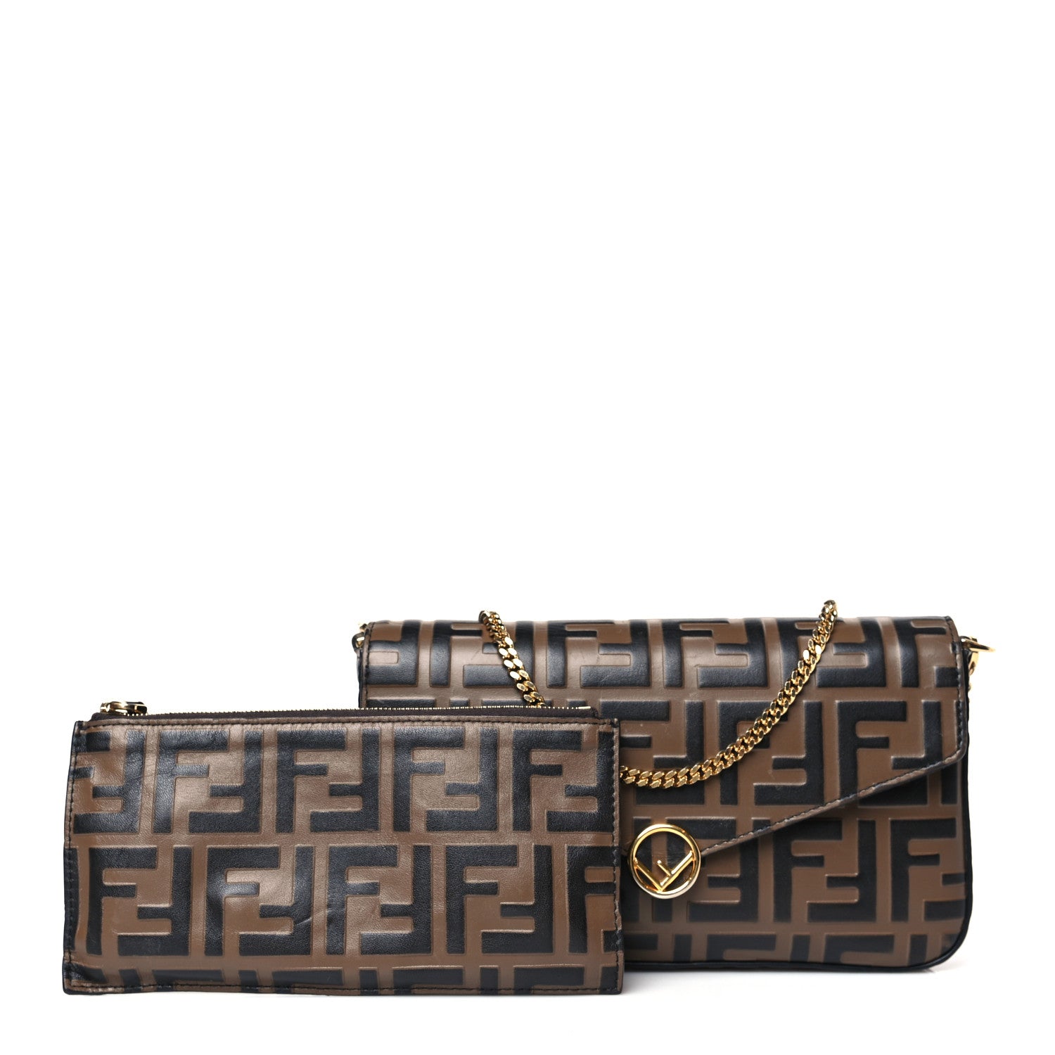 Fendi Vitello Soft F is Fendi Bi-Color FF 1974 Embossed Envelope Wallet On Chain with Pouches Maya Black 1 of 10