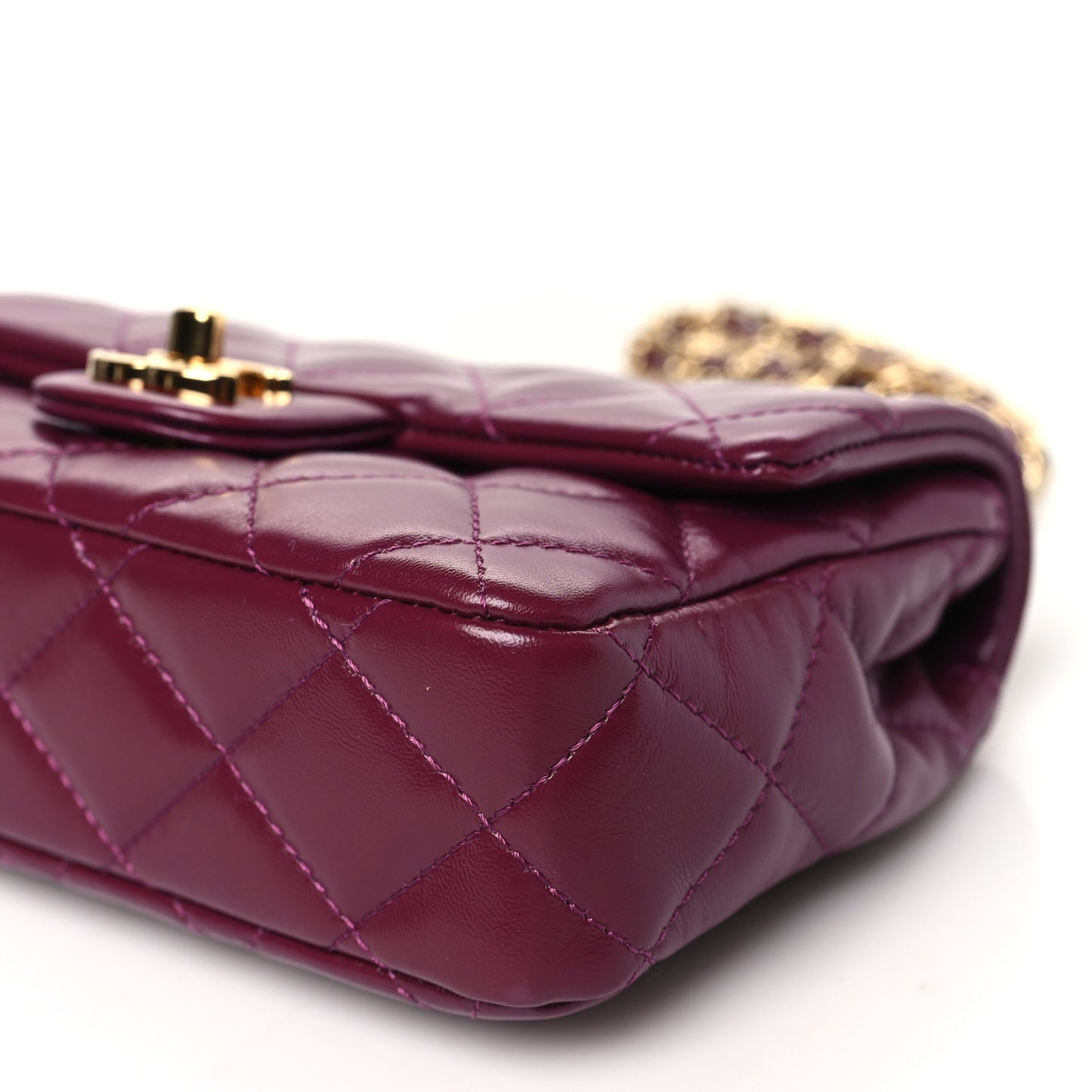 Shiny Lambskin Quilted Golden Links Top Handle Flap Dark Purple