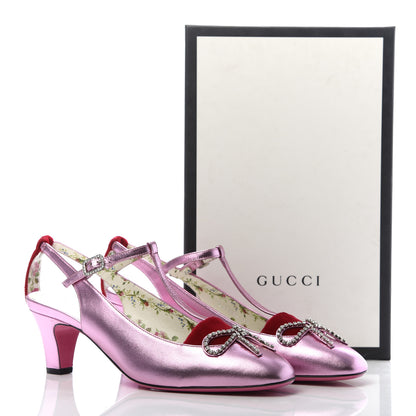 Gucci Metallic Nappa Velvet Crystal Bow Anita Pumps 40 Rosa Hibiscus Red 9 of 9