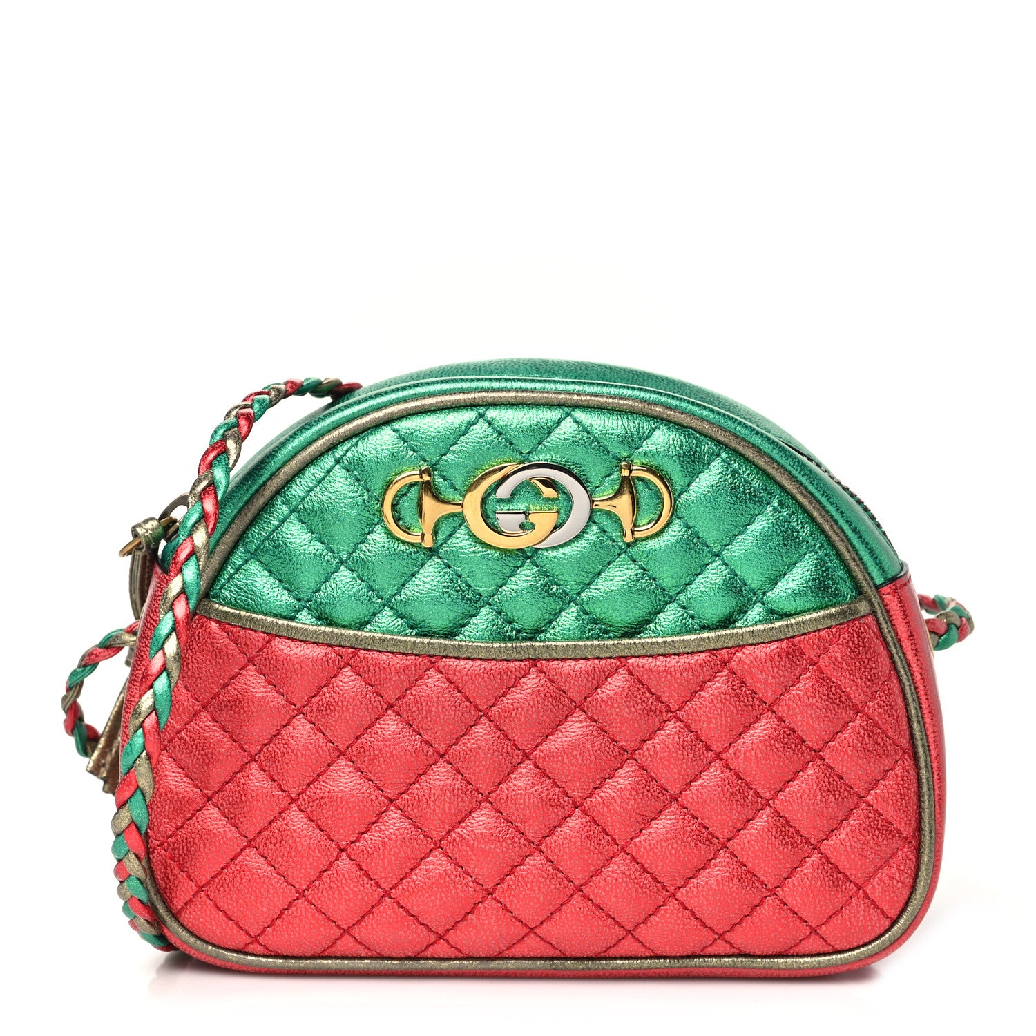 Gucci Laminated Nappa Trapuntata Mini Zumi Dome Shoulder Bag Rosso Jasmine Green Rame 1 of 10