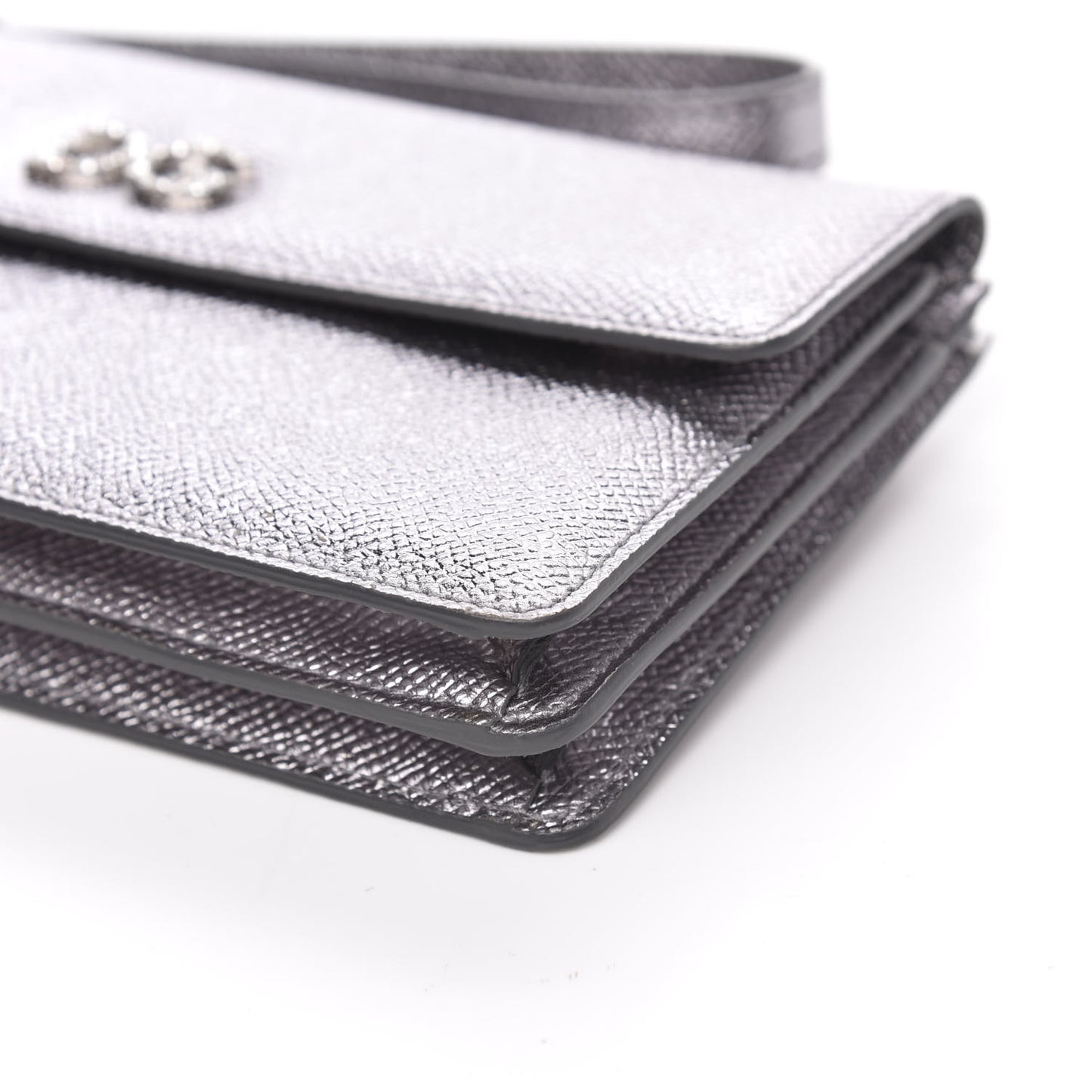 Metallic Dauphine Embellished Logo Chain Pouch Argento