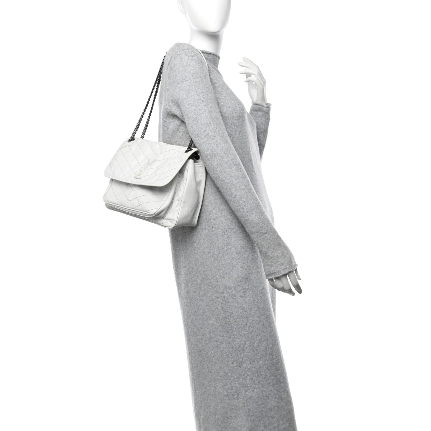Crinkled Calfskin Matelasse Monogram Medium Niki Chain Satchel Ivory