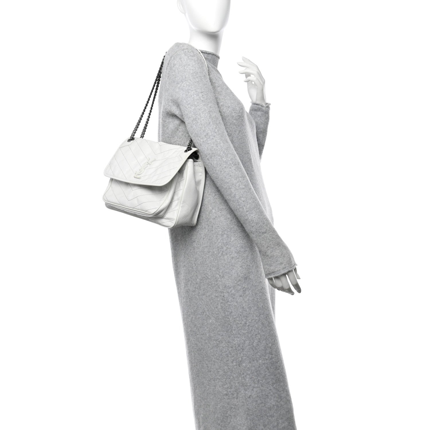Saint Laurent Crinkled Calfskin Matelasse Monogram Medium Niki Chain Satchel Ivory 2 of 12