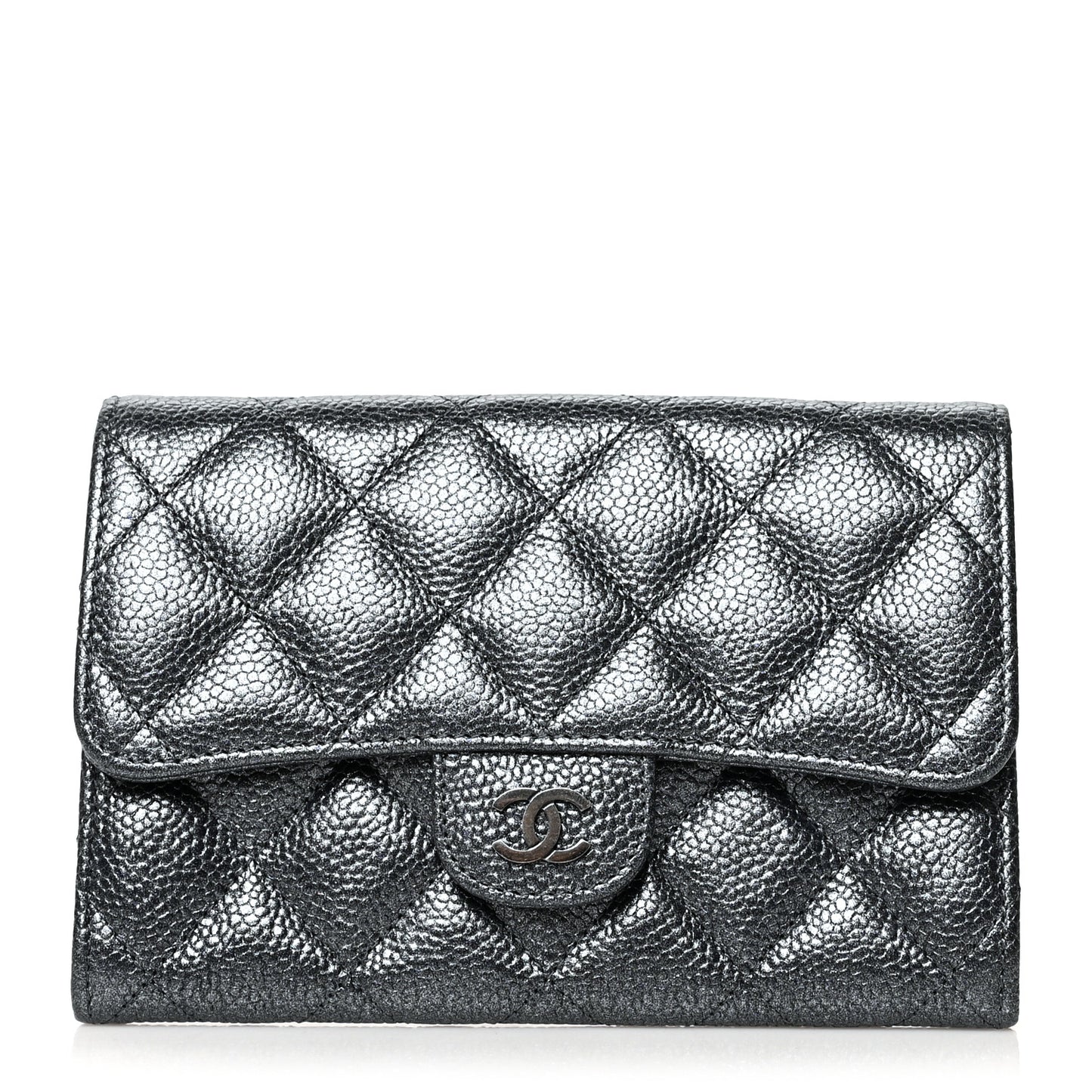 Metallic Caviar Quilted Small Flap Wallet Charcoal