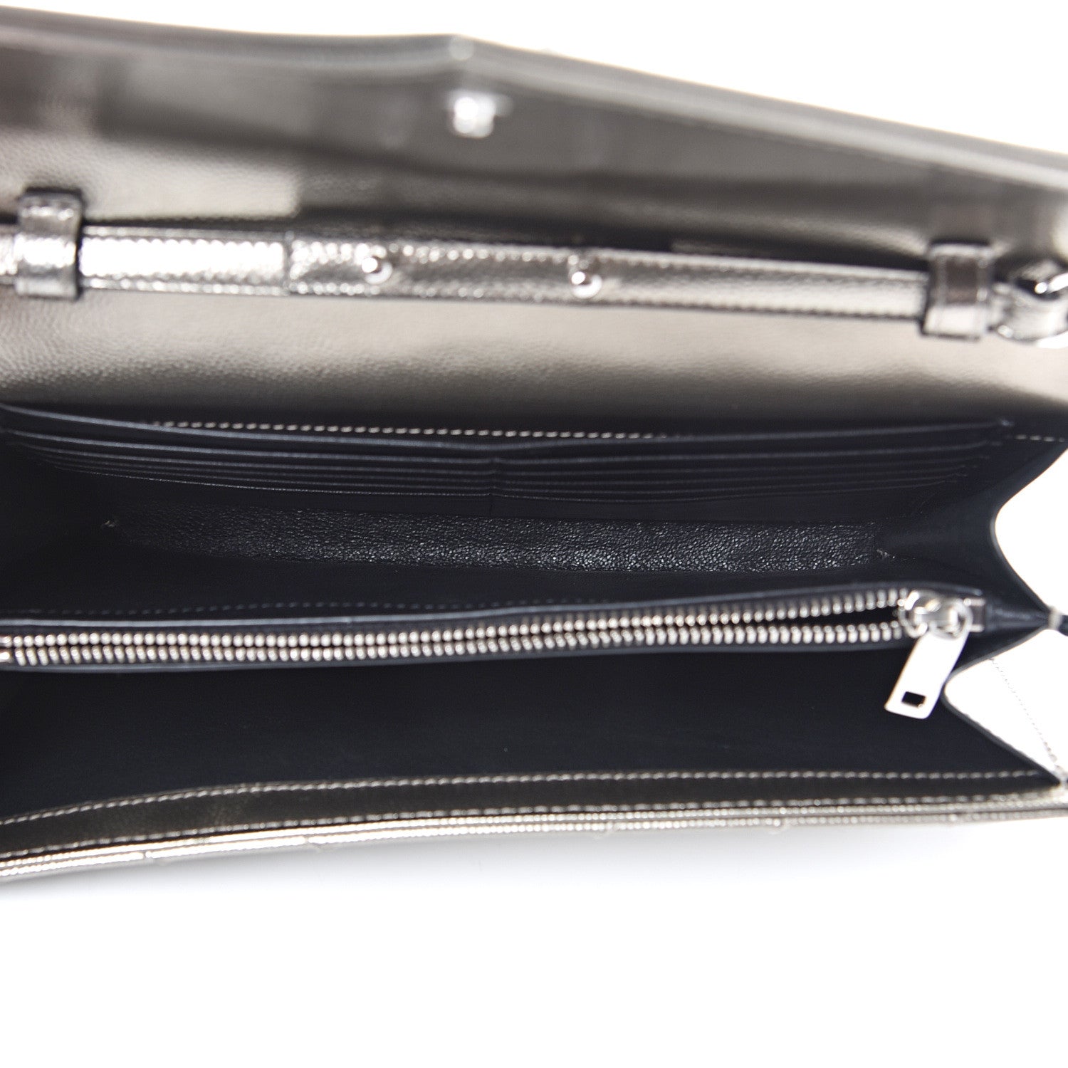 Saint Laurent Metallic Grain De Poudre Matelasse Chevron Monogram Chain Wallet Piombo 4 of 11