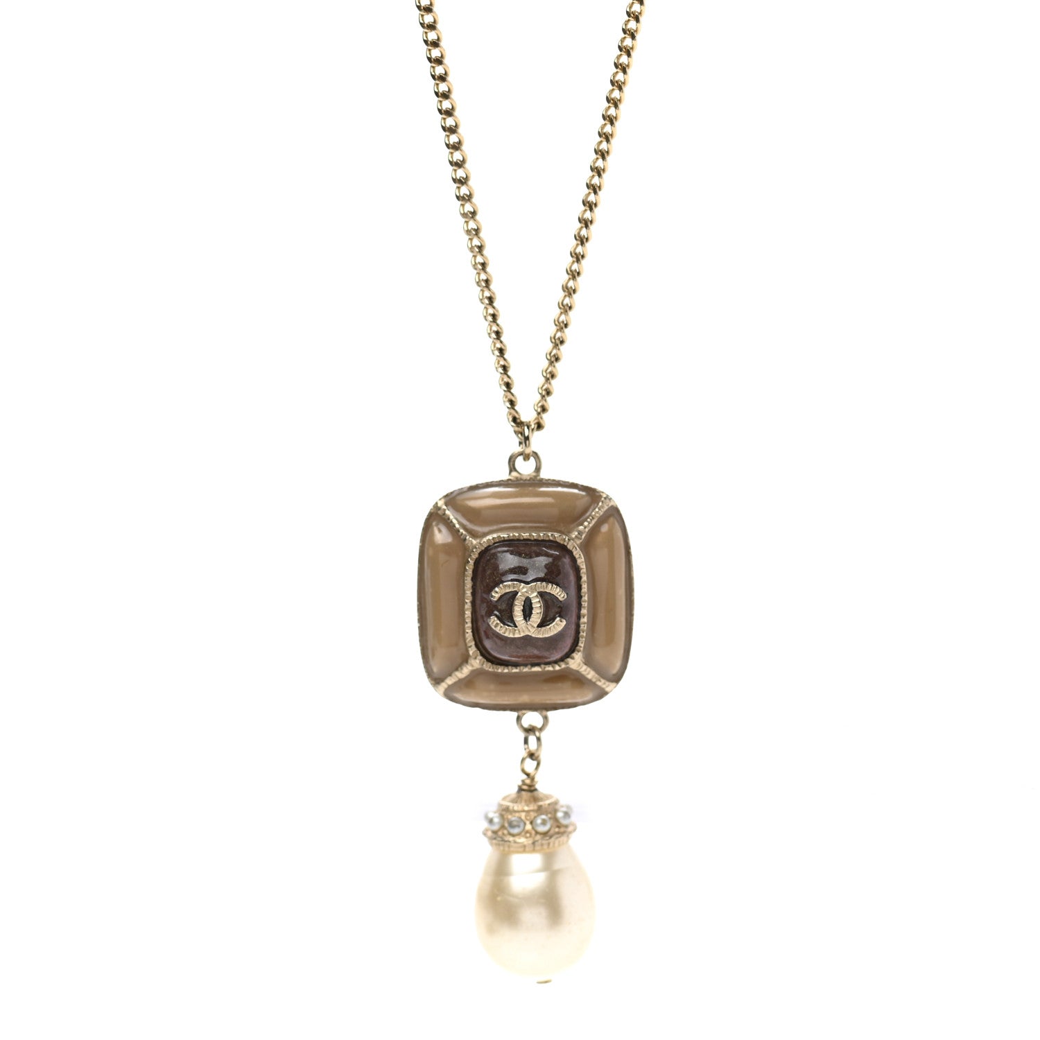 Chanel Enamel Pearl CC Pendant Necklace Light Gold 4 of 5