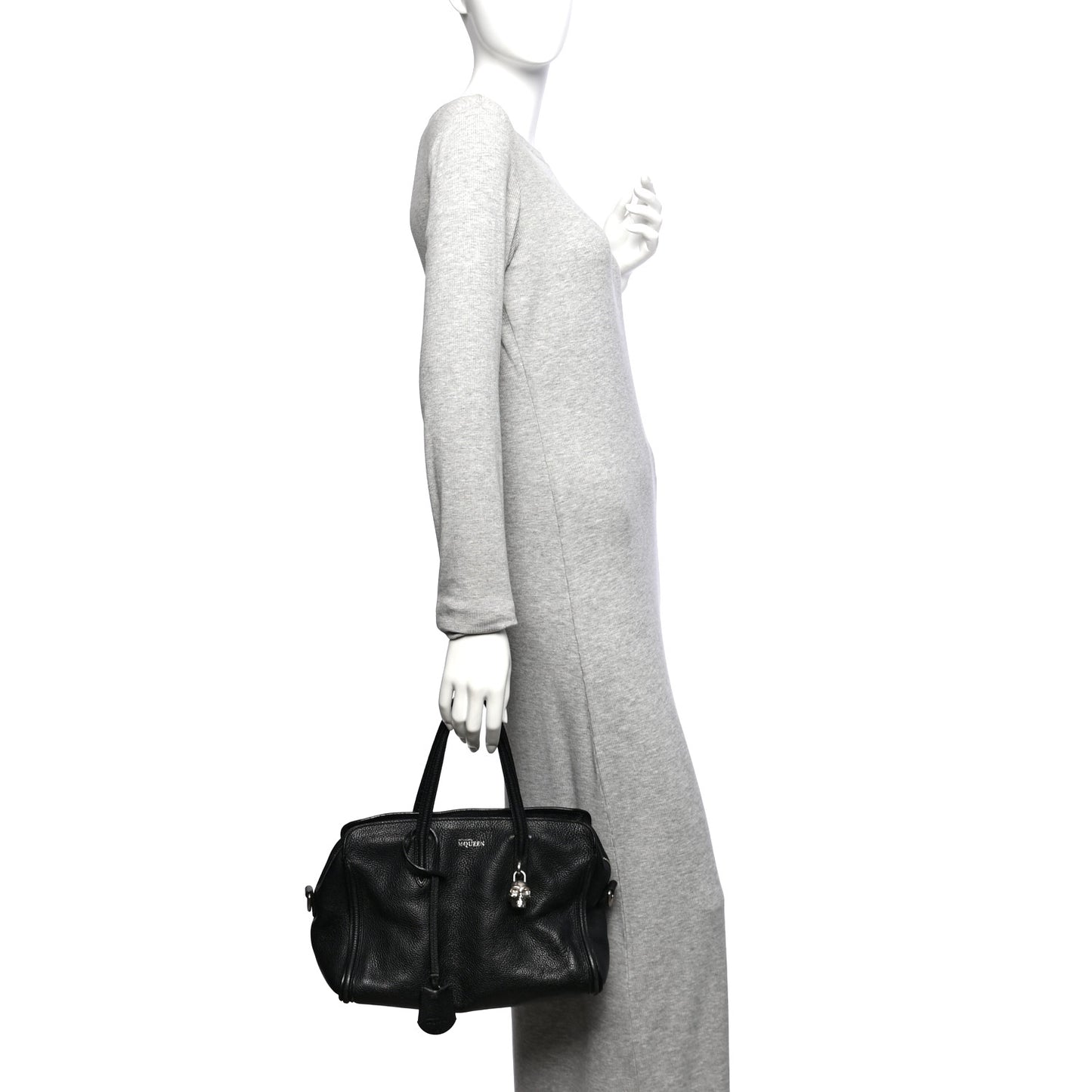 Pebbled Calfskin Mini Skull Padlock Zip Around Tote Black