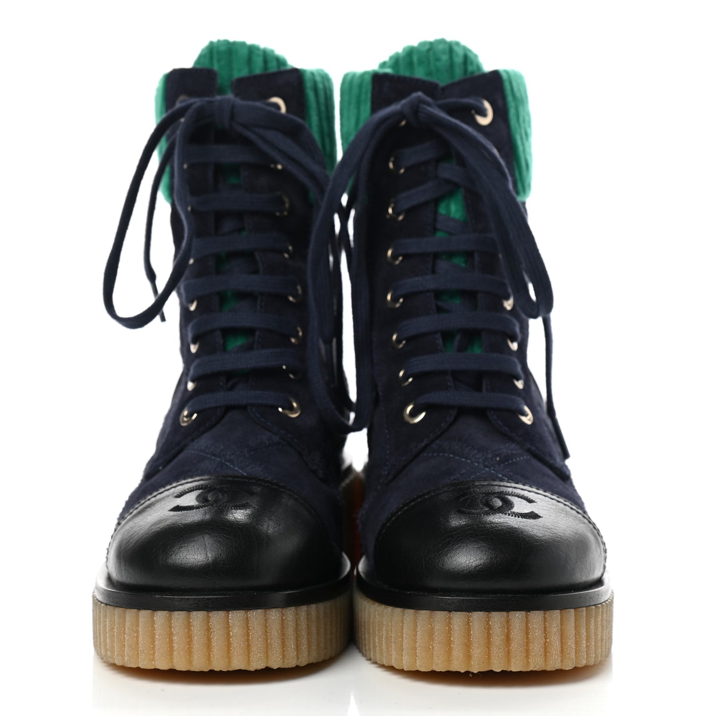 Suede Calfskin Velvet Quilted CC Combat Boots 35 Navy Green Black