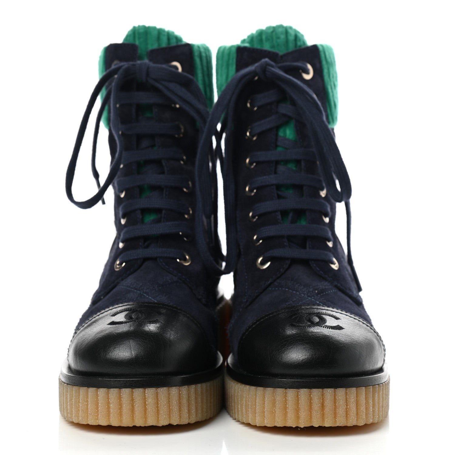 Chanel Suede Calfskin Velvet Quilted CC Combat Boots 35 Navy Green Black 2 of 10