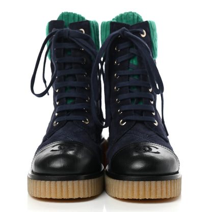 Chanel Suede Calfskin Velvet Quilted CC Combat Boots 35 Navy Green Black 2 of 10