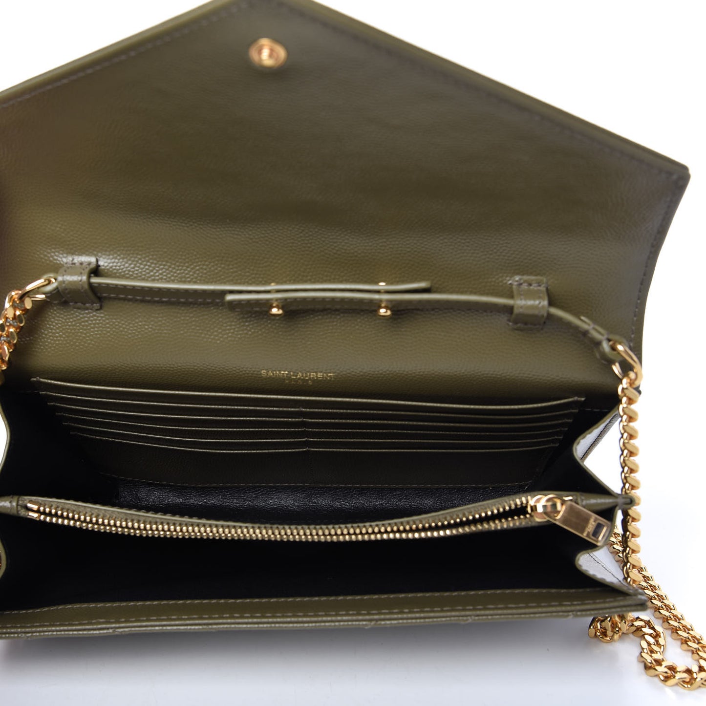 Grain De Poudre Matelasse Chevron Monogram Chain Wallet Vert Kaki