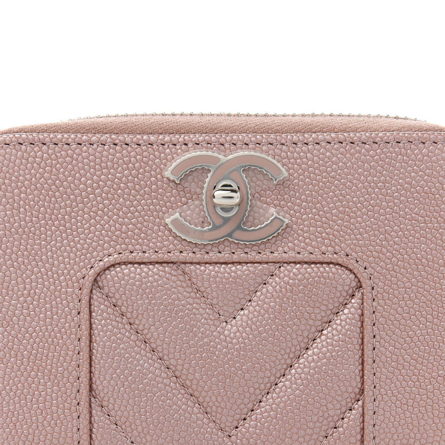 Metallic Caviar Chevron Quilted Vintage Mademoiselle Zip Coin Purse Pink