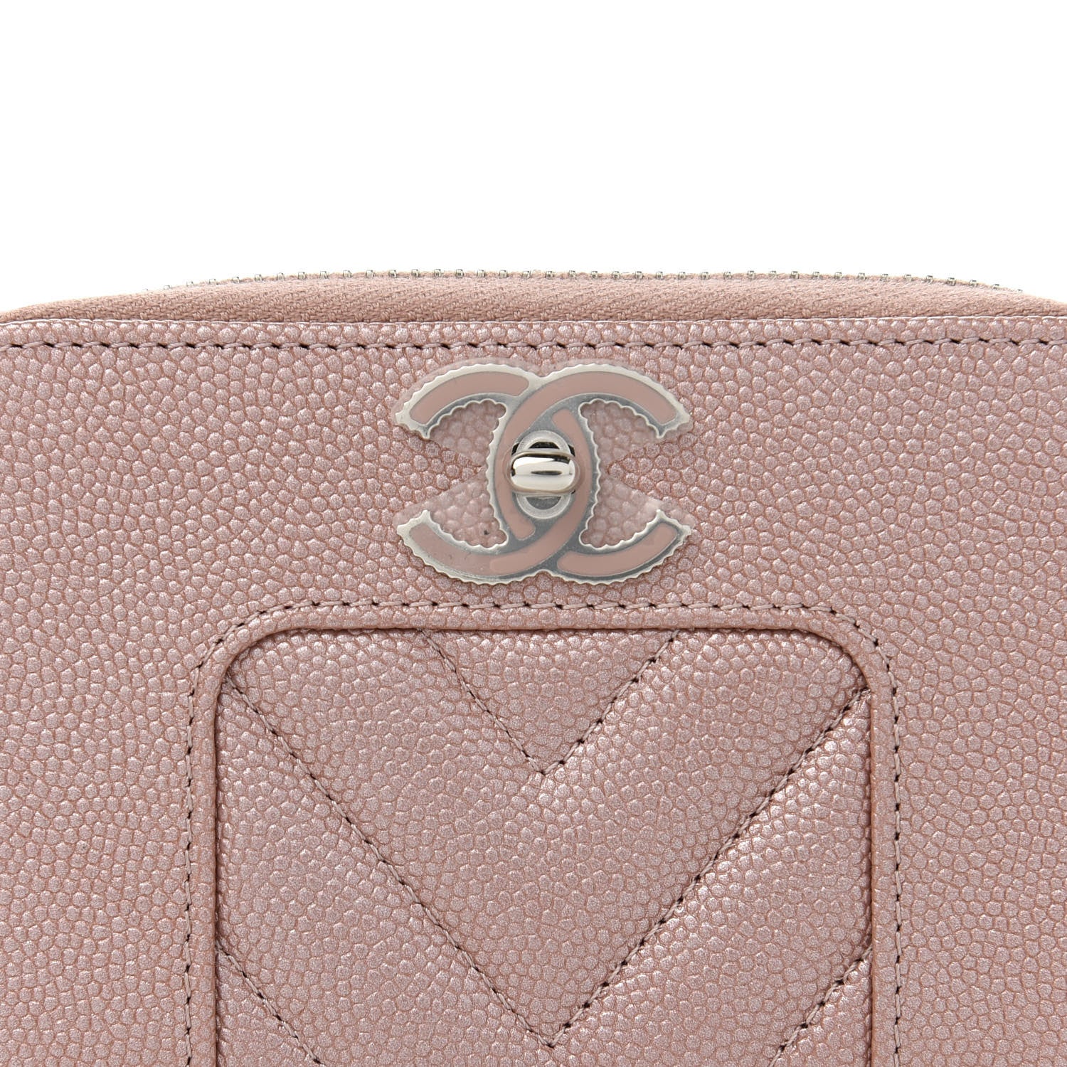 Chanel Metallic Caviar Chevron Quilted Vintage Mademoiselle Zip Coin Purse Pink 10 of 12