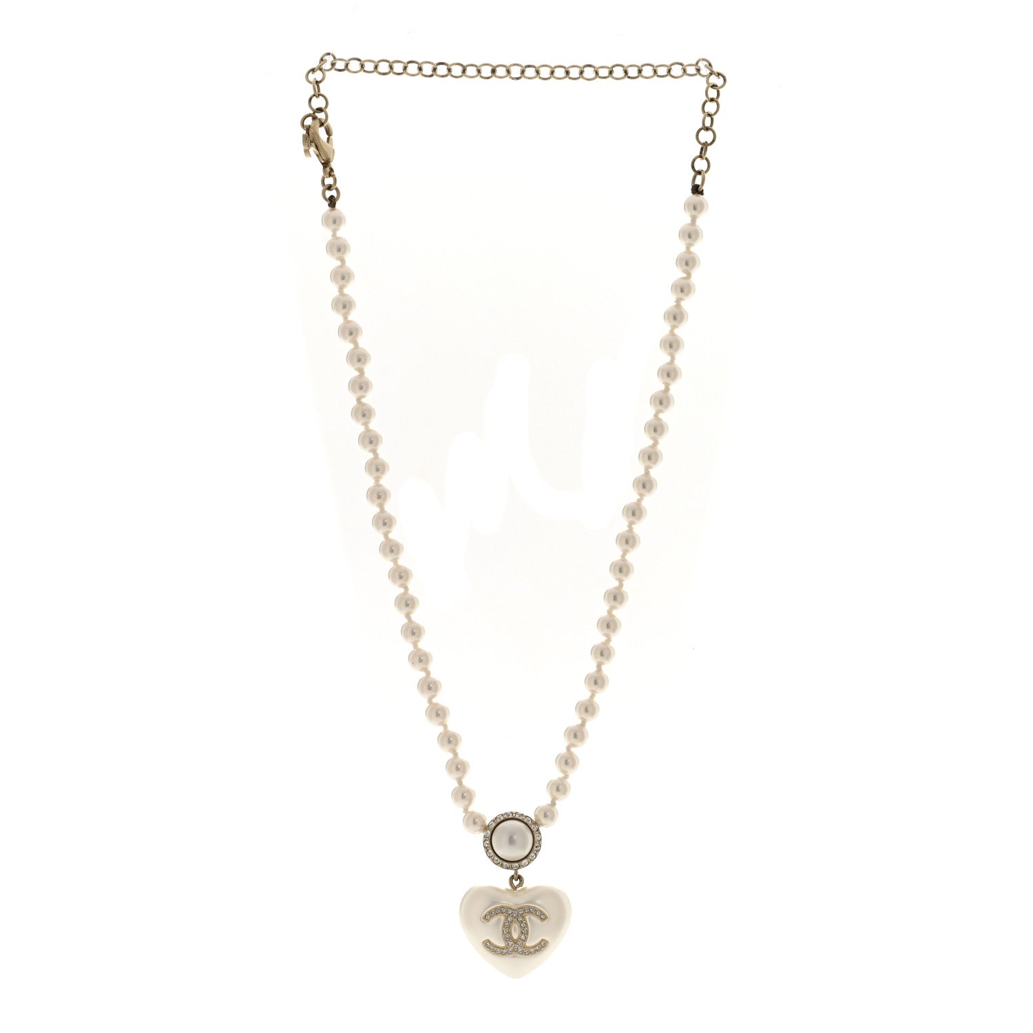 Chanel Pearl Crystal CC Heart Short Necklace Pearly White Gold 3 of 6