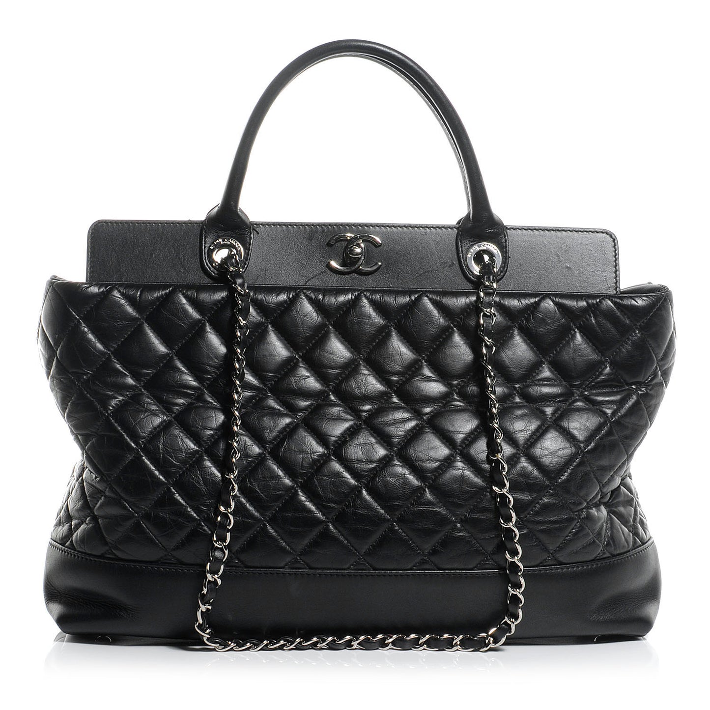 Aged Calfskin Quilted Be CC Tote Black