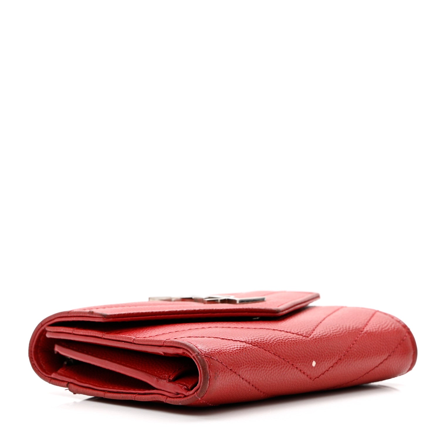 Saint Laurent Grain De Poudre Matelasse Chevron Monogram Compact Tri Fold Wallet Red 3 of 9