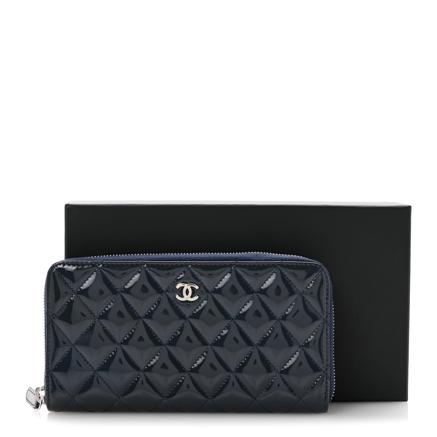 Chanel Patent Calfskin Quilted Large Gusset Zip Around Wallet Blue 12 of 12