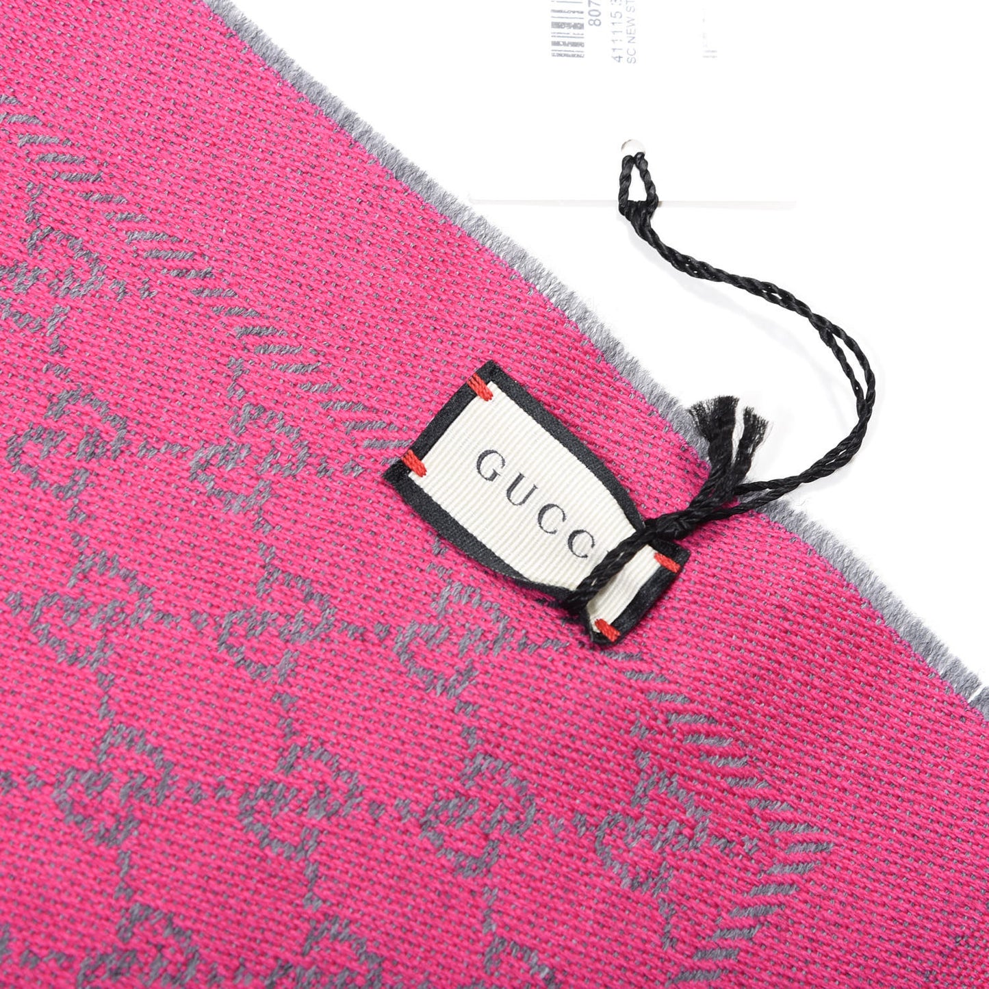 Wool GG Monogram Reversible New Sten Fringe Scarf Graphite Pink